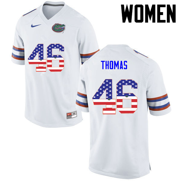 Women Florida Gators #46 Will Thomas College Football USA Flag Fashion Jerseys-White - Click Image to Close